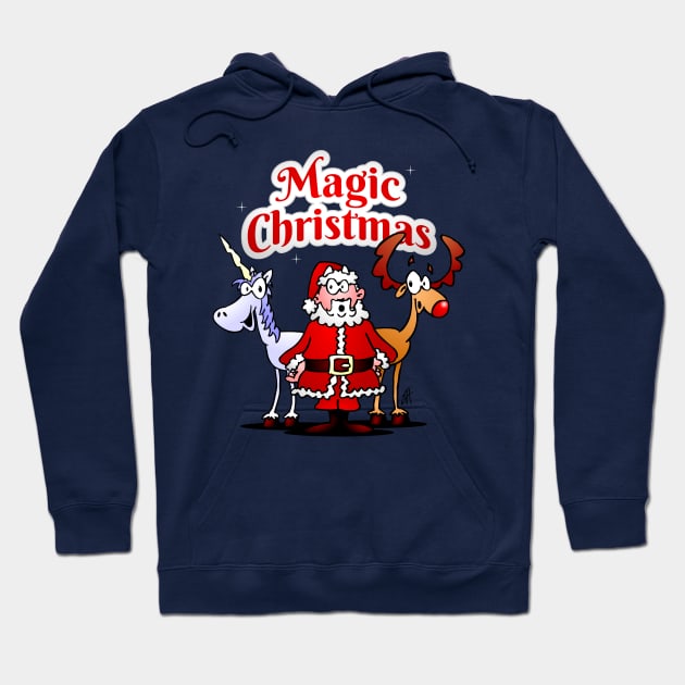 Magic Christmas: Santa, reindeer and a unicorn Hoodie by Cardvibes